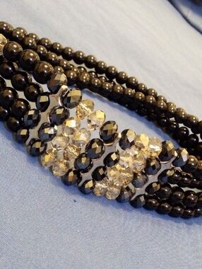 Black Beaded Multi-Strand Necklace with Clear Crystal Accent